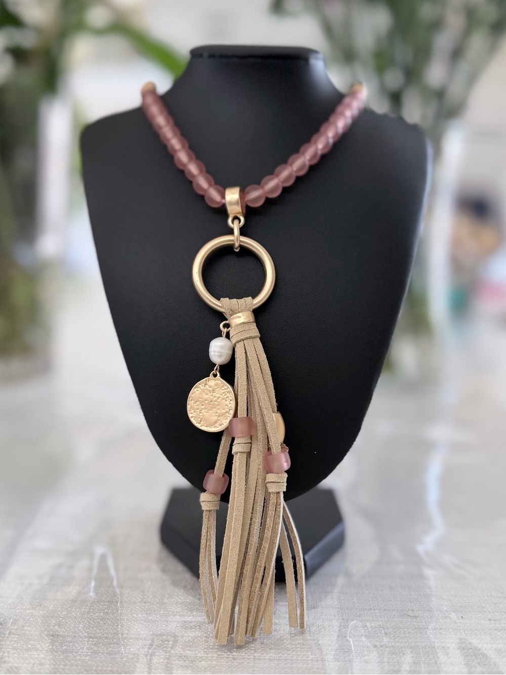 Plunder Beaded Pink and Gold Tassel Pendant Necklace